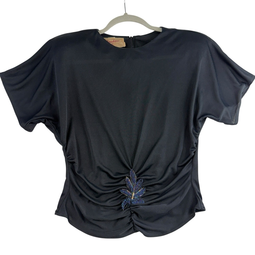Vtg 80 90 Sz 9/10 Small Top Ruched Bead Black Blouse Padded Shoulder Whimsy